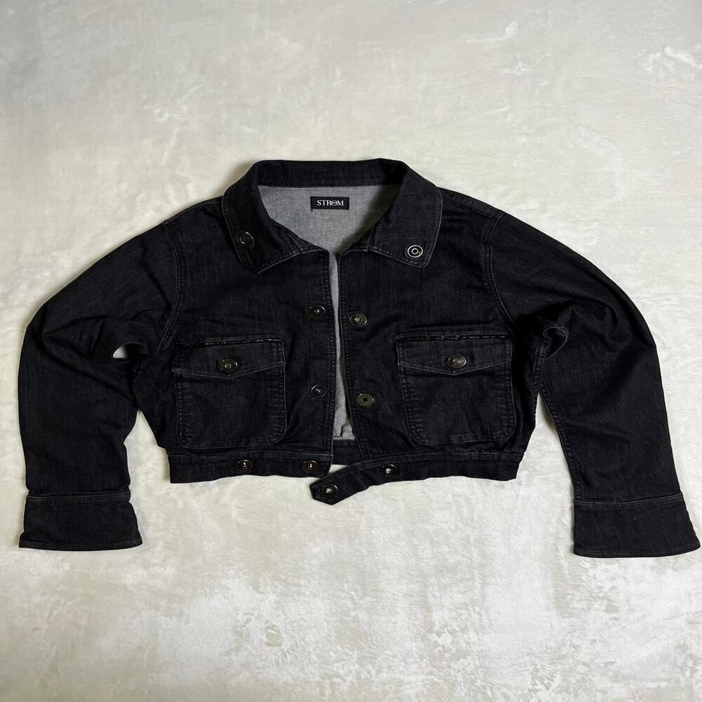 Strom Box Cropped Denim Jacket Women's L Black Metal Magnet Closure Flare Cuffs
